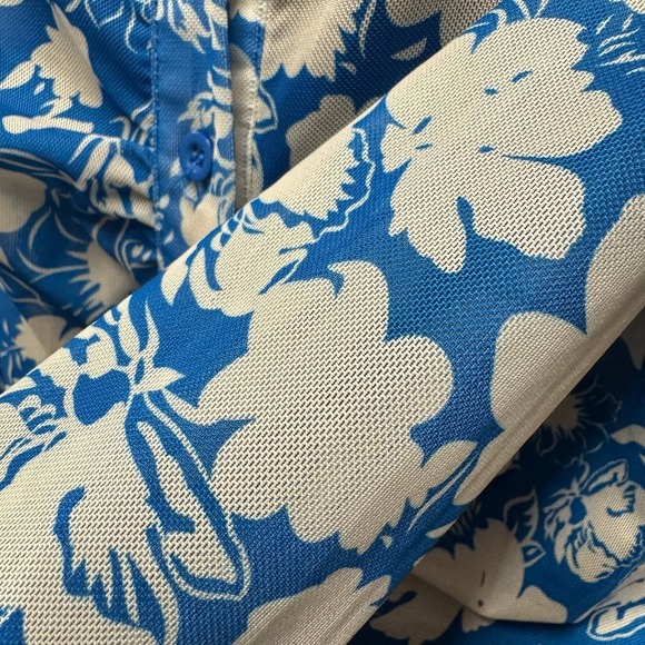 Y2K Mesh Rouched Button Top - Large - Blue and Offwhite Flowers Rave Festival - Picture 6 of 10